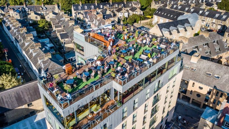 The rooftop bar in Cambridge crowded