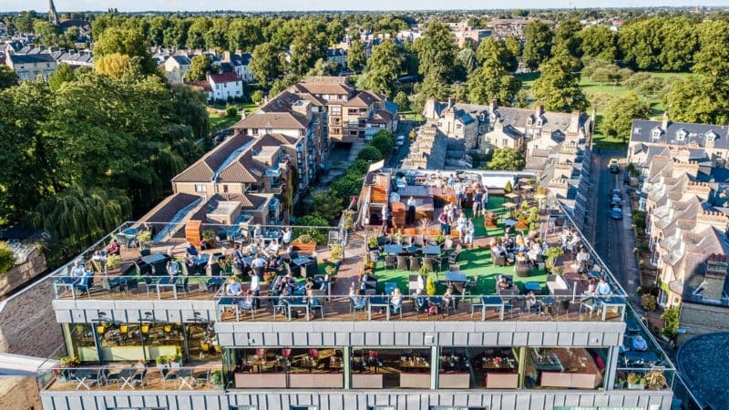 Panoramic view of the rooftop bar one floor above the Six Restaurant in Cambridge