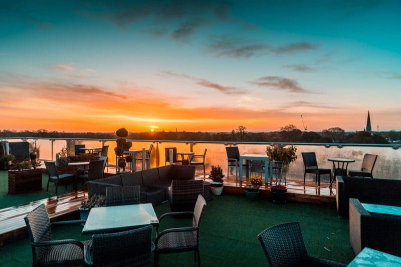 Sunset in the rooftop bar in Cambridge